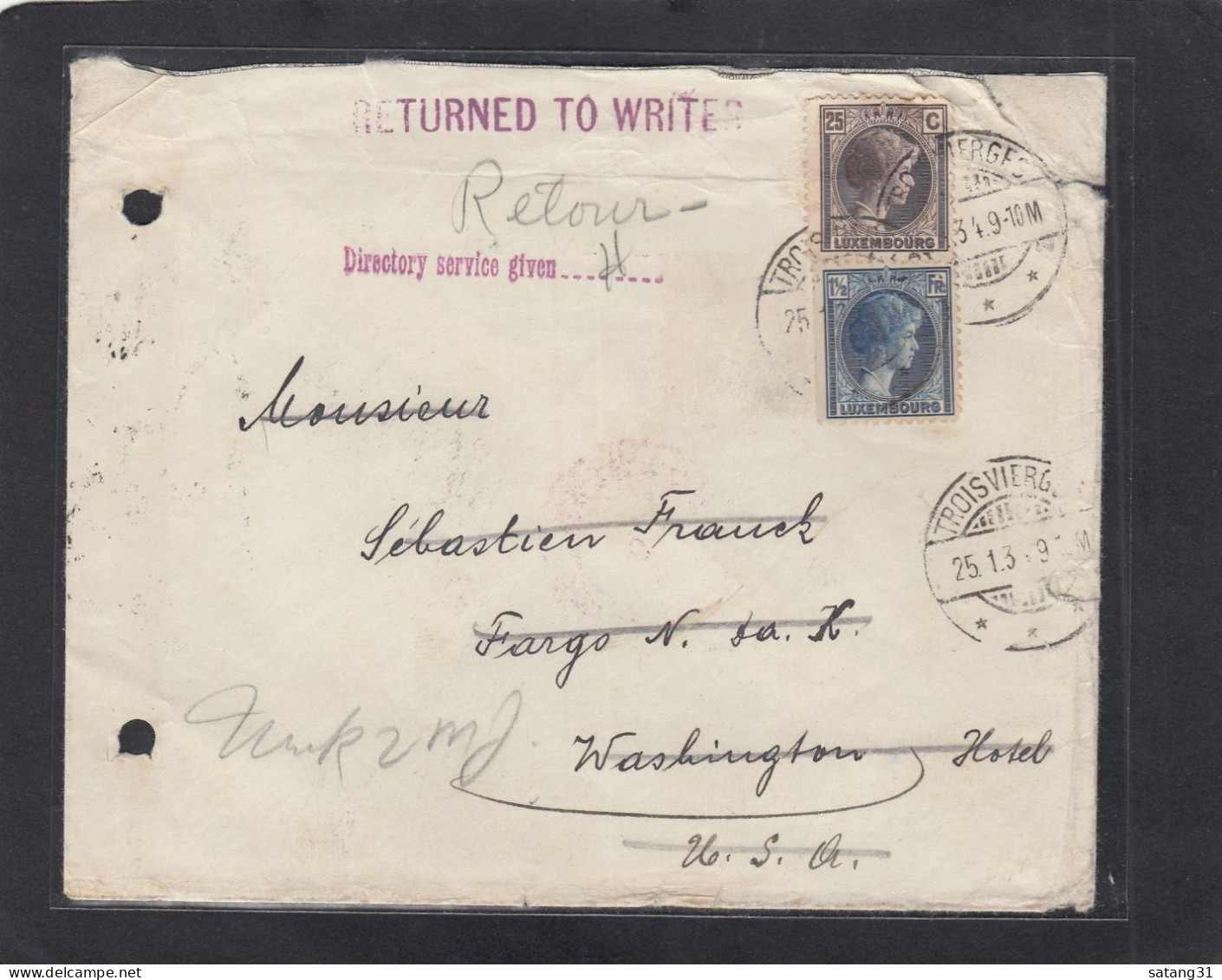 LETTRE RECOMMANDEE DE TROISVIERGES POUR FARGO,DAKOTA NORD,U.S.A.,ET REOUR,1934. - Covers & Documents