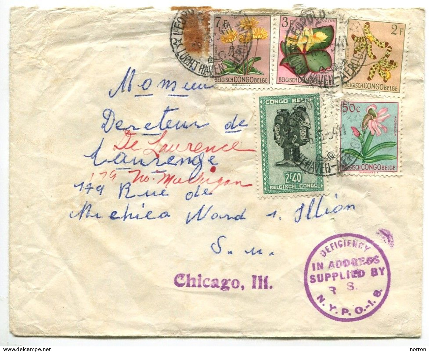 Congo Léopoldville Aérogare Oblit. Keach 14B(C)1 Sur C.O.B. 287A+307+313+314+318 Sur Lettre Vers Chicago Le 06/05/1954 - Covers & Documents