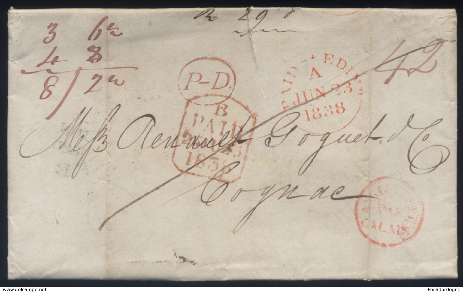 LaC Sainburg ? Pour Cognac Par London - Paid At Edinb - P-D. Rouge - Angleterre Par Calais - 23/06/1838 - ...-1840 Prephilately