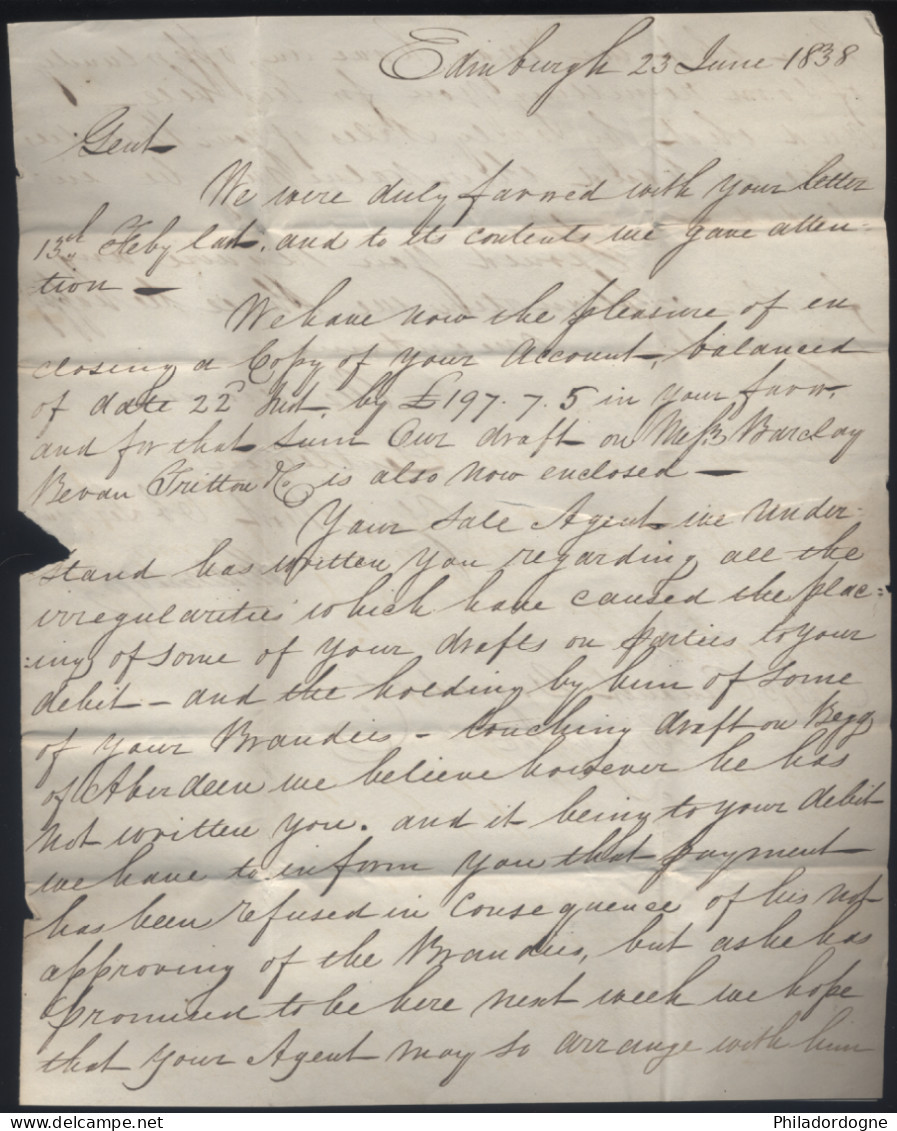 LaC Sainburg ? Pour Cognac Par London - Paid At Edinb - P-D. Rouge - Angleterre Par Calais - 23/06/1838 - ...-1840 Voorlopers