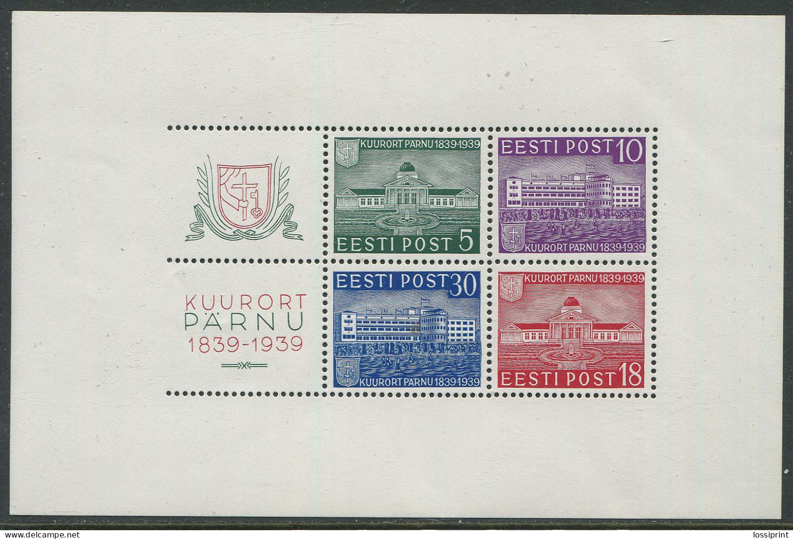 Estonia:Unused Block Health Resort Town Pärnu, 1939, MNH - Estland