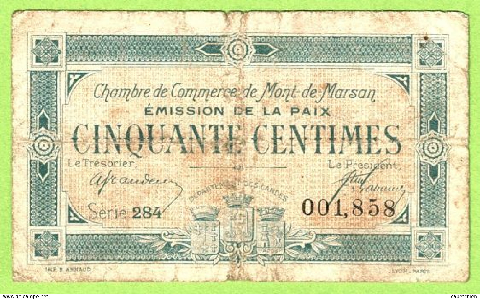 FRANCE / CHAMBRE De COMMERCE / MONT DE MARSAN / 50 CENTIMES / 1921 / EMISSION DE LA PAIX 001858 / SERIE 284 - Camera Di Commercio