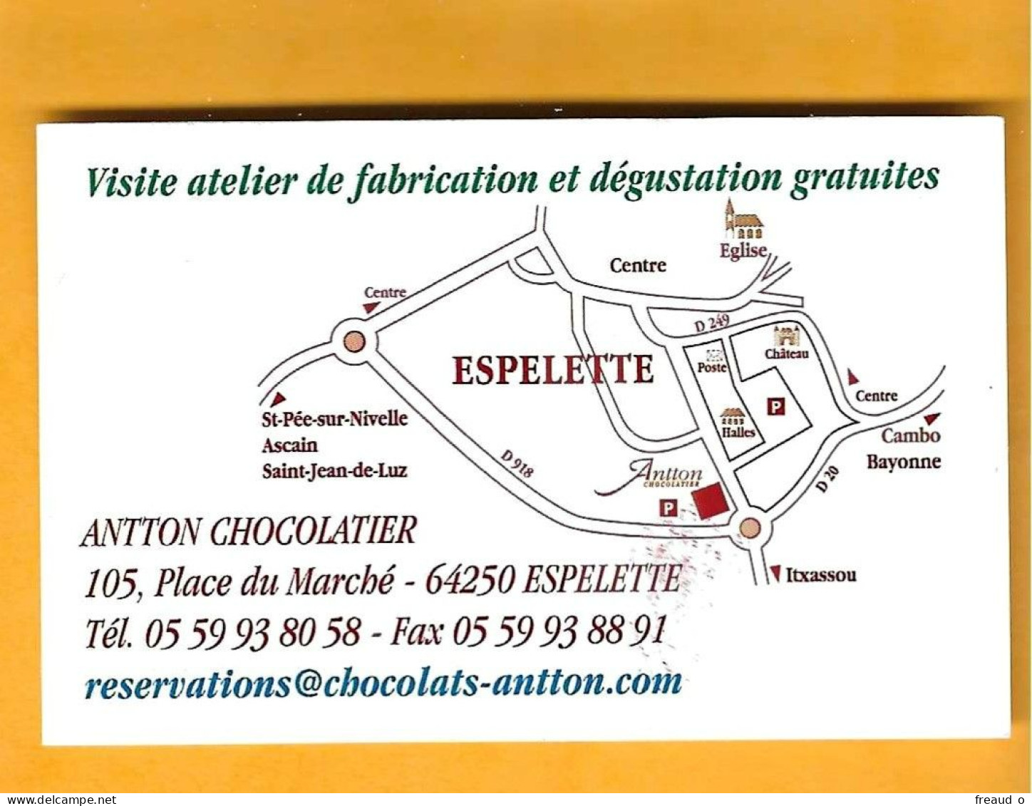 Carte De Visite ANTTON CHOCOLATIER - 64250 ESPELETTE - - Otros & Sin Clasificación