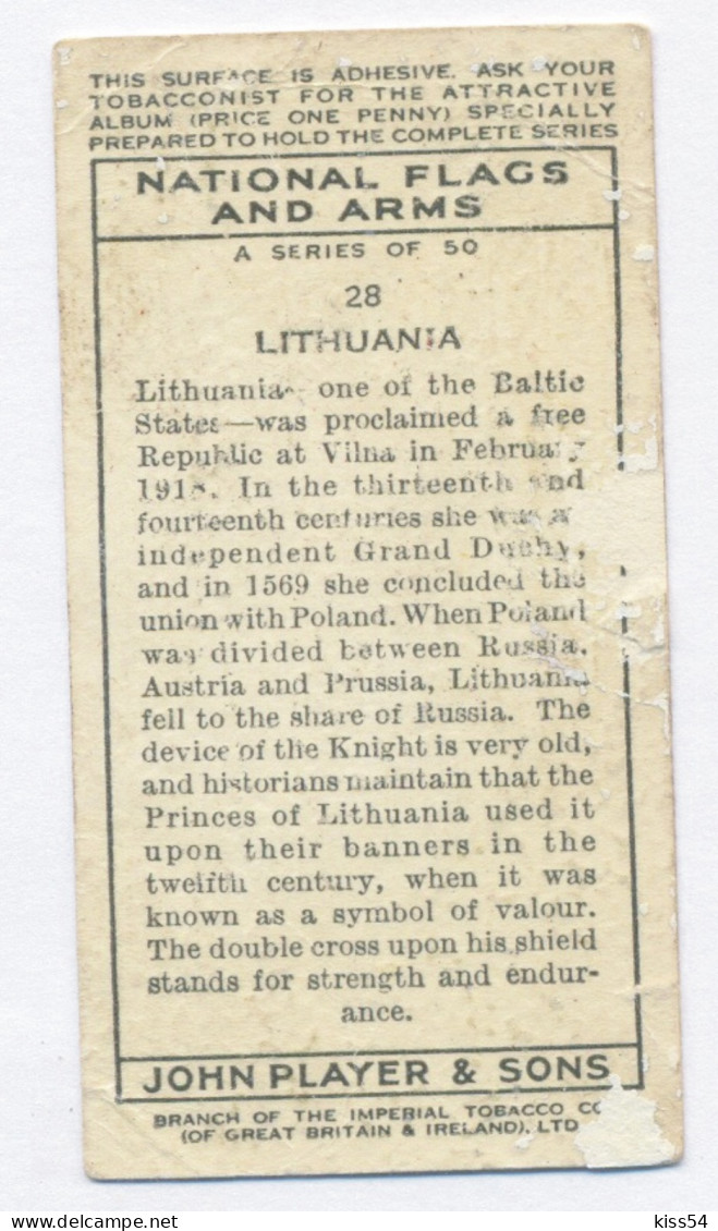 FL 18 - 28-a LITHUANIA National Flag & Emblem, Imperial Tabacco - 67/36 Mm - Objetos Publicitarios