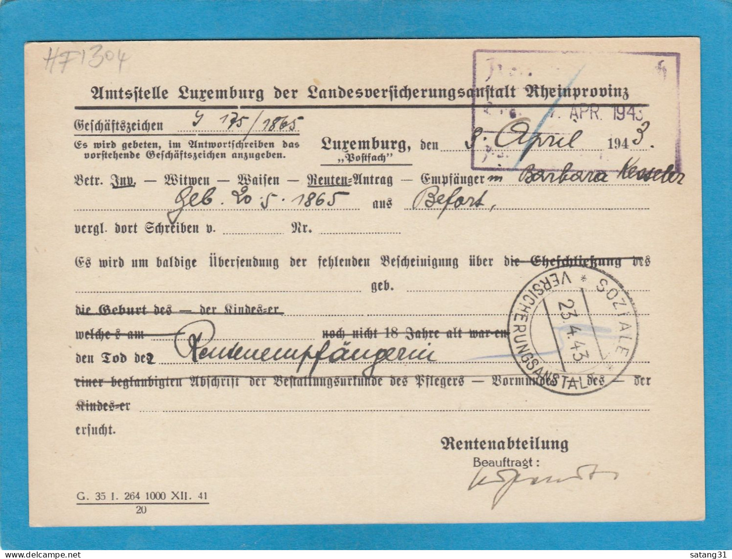 AMTSSTELLE LUXEMBURG DER LANDESVERSICHERUNGSANSTALT RHEINPROVINZ IN LUXEMBURG.POSTKARTE NACH BEFORT,1943. - Occupation