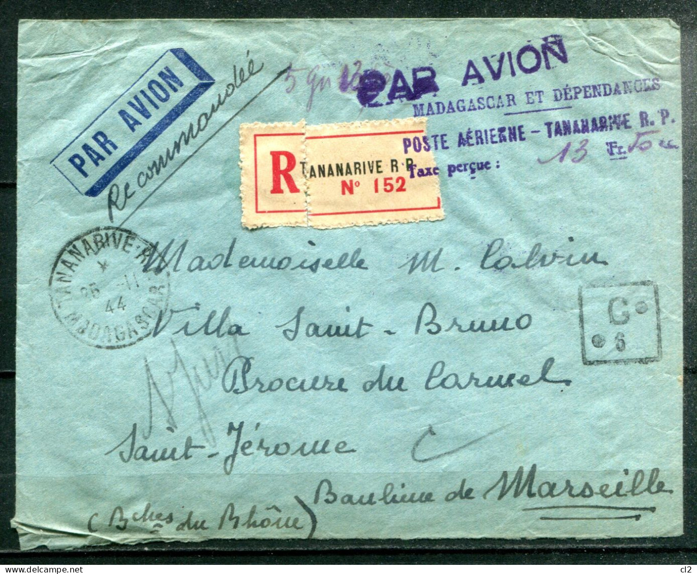 25/11/44 - MADAGASCAR ET DEPENDANCES - POSTE AERIENNE - TANANARIVE R.P. - Taxe Perçue 13Fr50 (voir Description) - Luchtpost