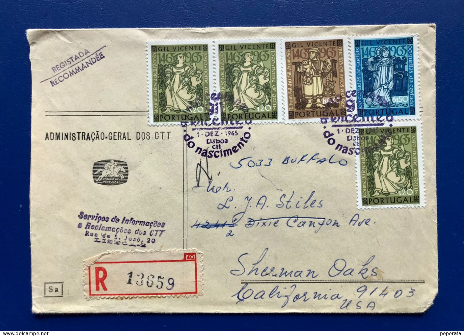 PORTUGAL LISBOA 1965, Sobre CERTIFICADO A CALIFORNIA " VIAN NUYS ", MATASELLOS DE LLEGADA AL DORSO. RARO - Used Stamps