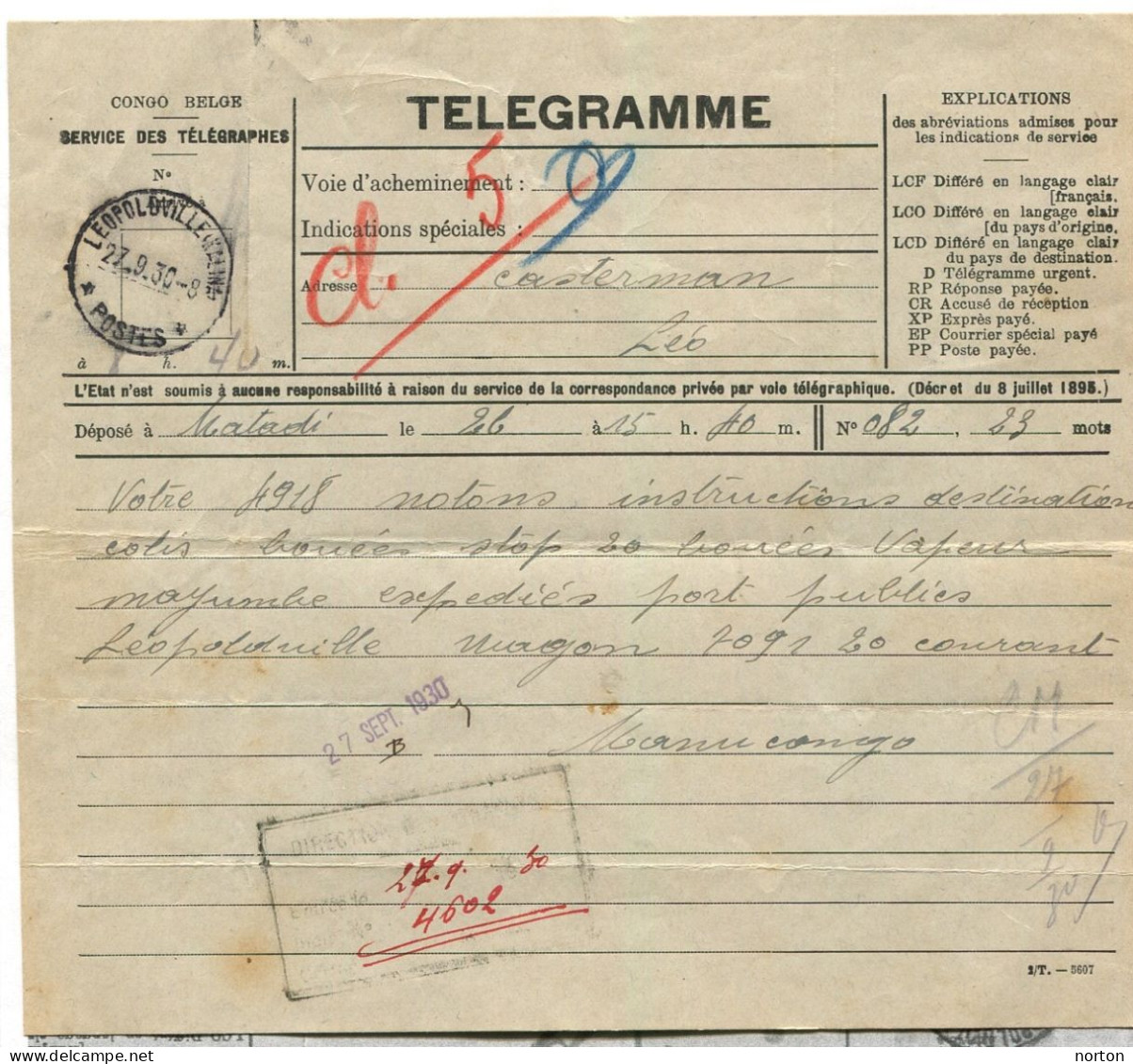 Congo Léopoldville-Kalina Oblit. Keach 7A1 Sur Télégramme Le 27/09/1930 - Cartas & Documentos