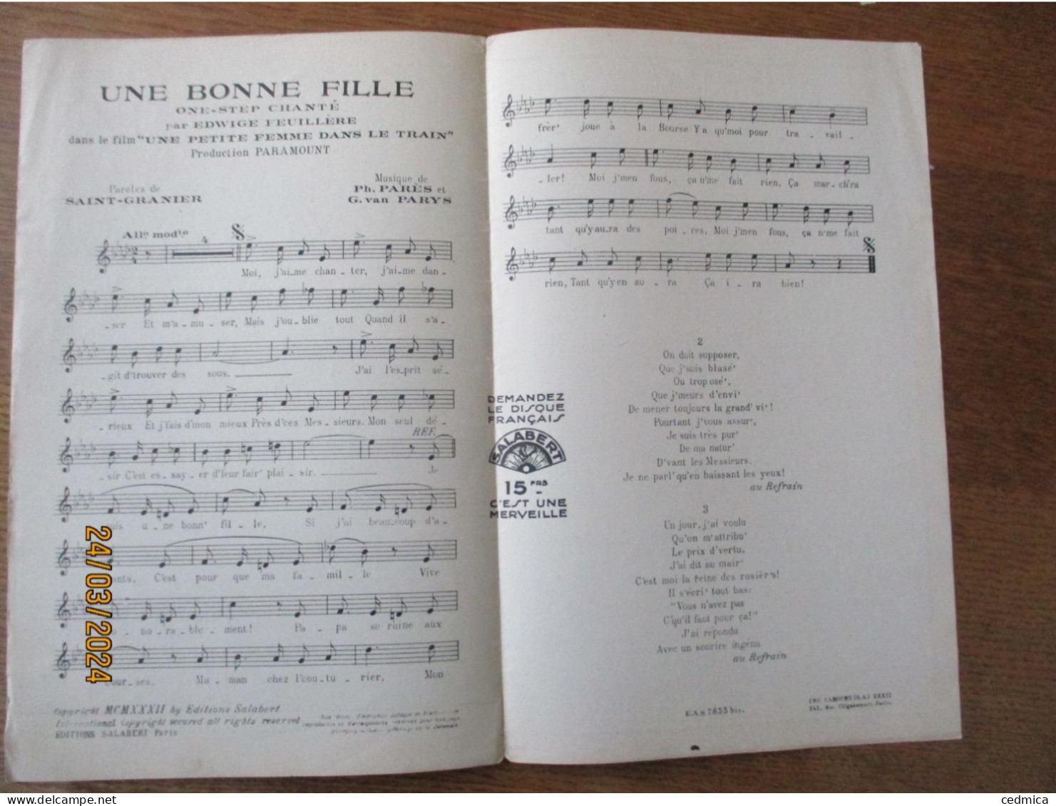 UNE BONNE FILL CHANTE PAR EDWIGE FEUILLERE PAROLES DE SAINT-GRANIER MUSIQUE DE PH.PARES & G.VAN PARYS - Scores & Partitions