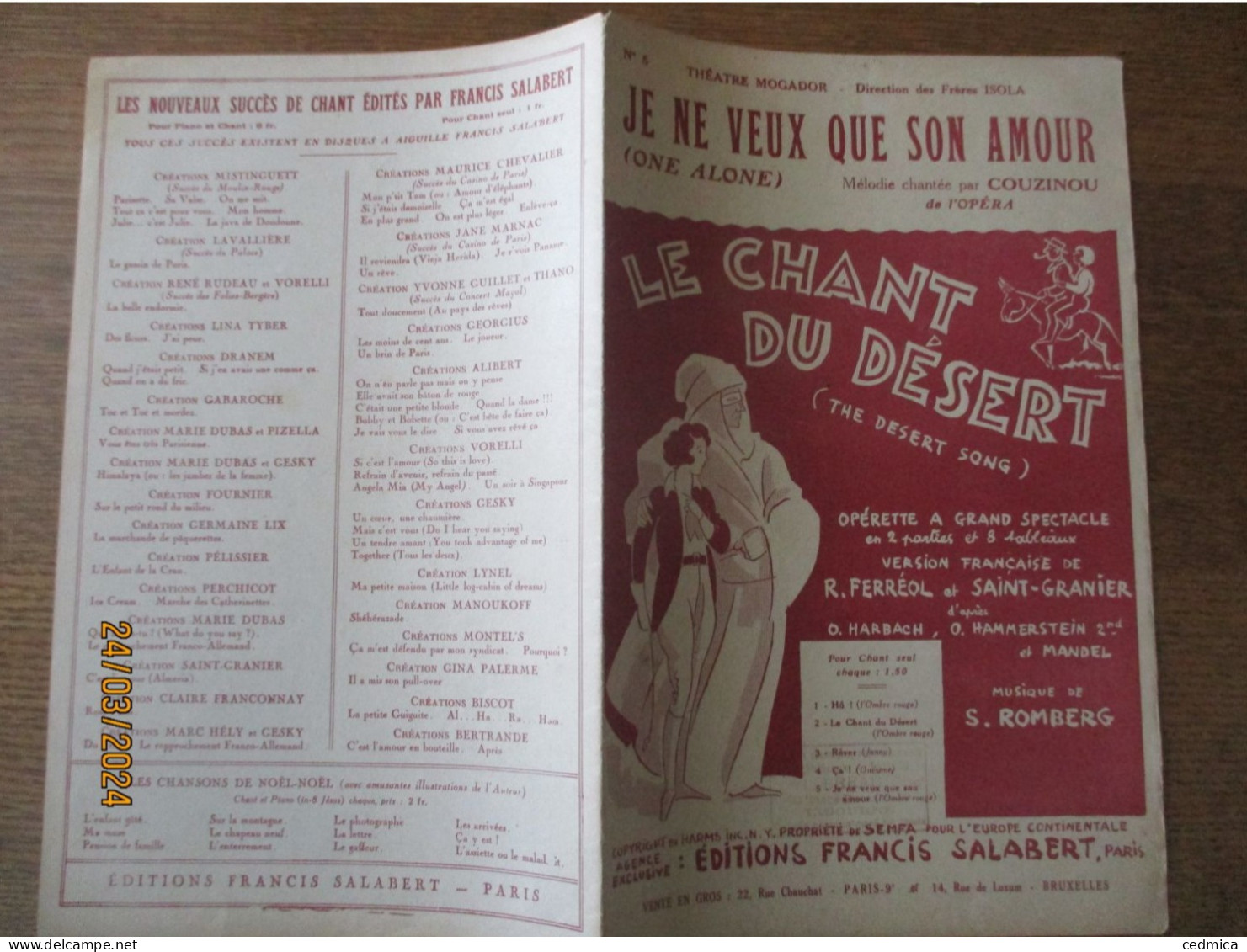 JE NE VEUX QUE SON AMOUR PAROLES DE SAINT-GRANIER ET ROGER FERREOL MUSIQUE DE SIGMUND ROMBERG - Partitions Musicales Anciennes