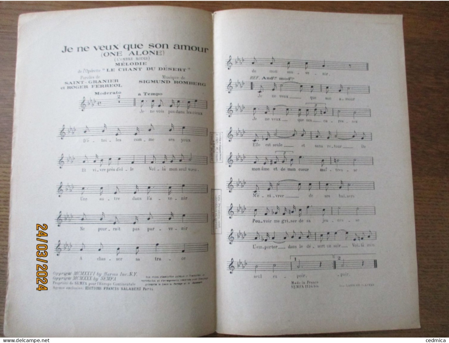 JE NE VEUX QUE SON AMOUR PAROLES DE SAINT-GRANIER ET ROGER FERREOL MUSIQUE DE SIGMUND ROMBERG - Partitions Musicales Anciennes