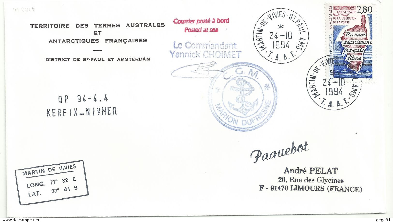 YT 2829 Libération De La Corse - Posté à Bord Du MD - Paquebot - Martin De Viviès - St Paul AMS - 24/10/1994 - Covers & Documents