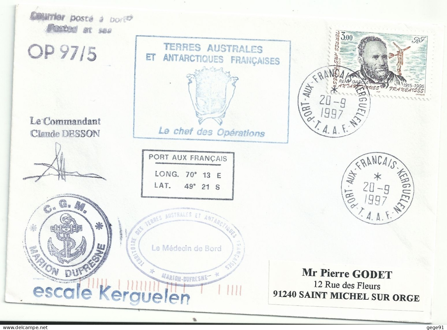 YT 216 - René Garcia - Posté à Bord Du MD - Port Aux Français - Kerguelen - 20/09/1997 - Lettres & Documents