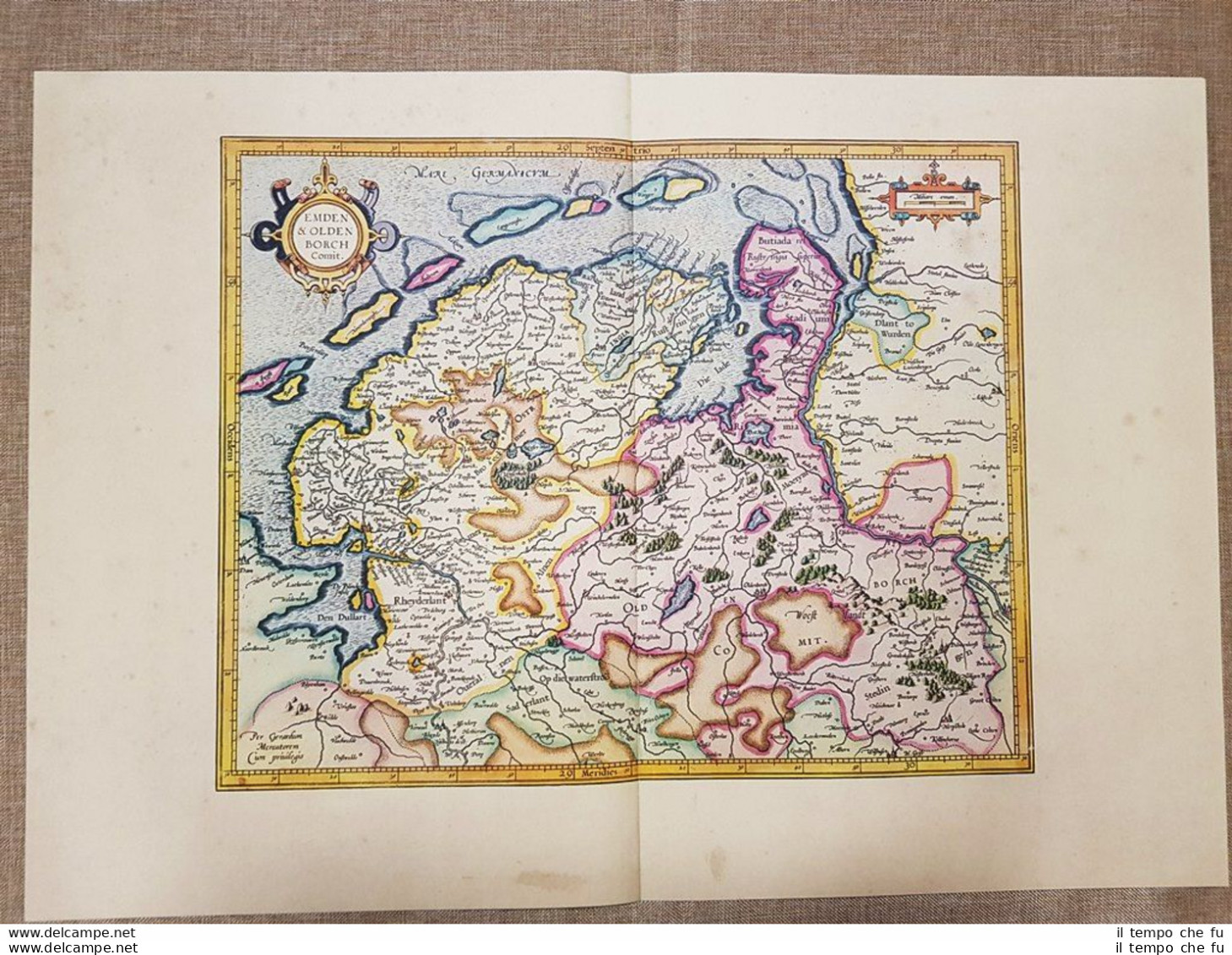 Carta Geografica Mappa Emden E Oldenborch Germania Anno 1595 Mercatore Ristampa - Carte Geographique