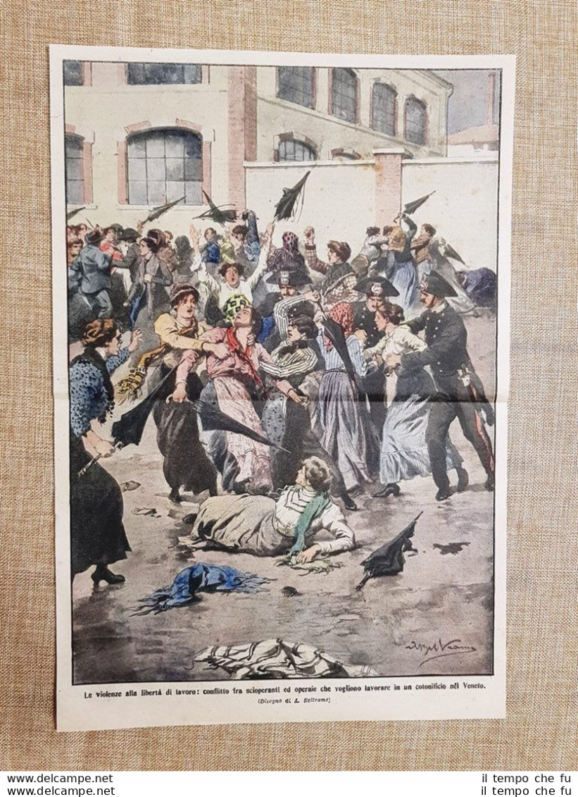 Retrocopertina La Domenica Del Corriere 1914 Veneto Conflitto In Un Cotonificio - Autres & Non Classés