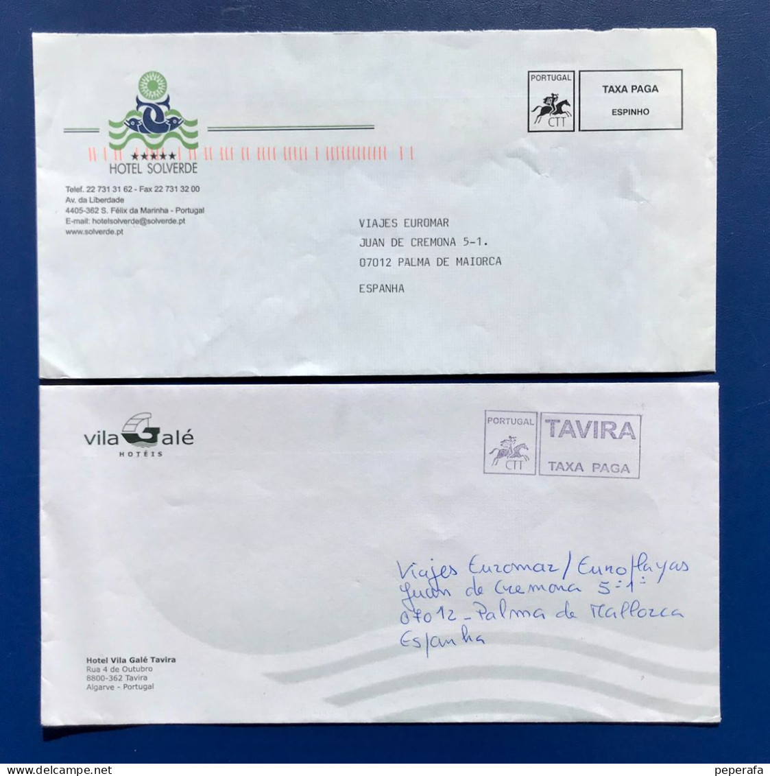 PORTUGAL, 2 SOBRES POSTAL A ESPANA ESPANHA, TAXA PAGA TAVIRA - Usado