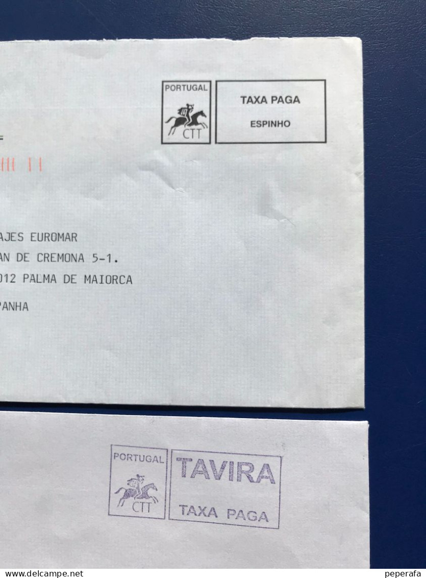 PORTUGAL, 2 SOBRES POSTAL A ESPANA ESPANHA, TAXA PAGA TAVIRA - Used Stamps