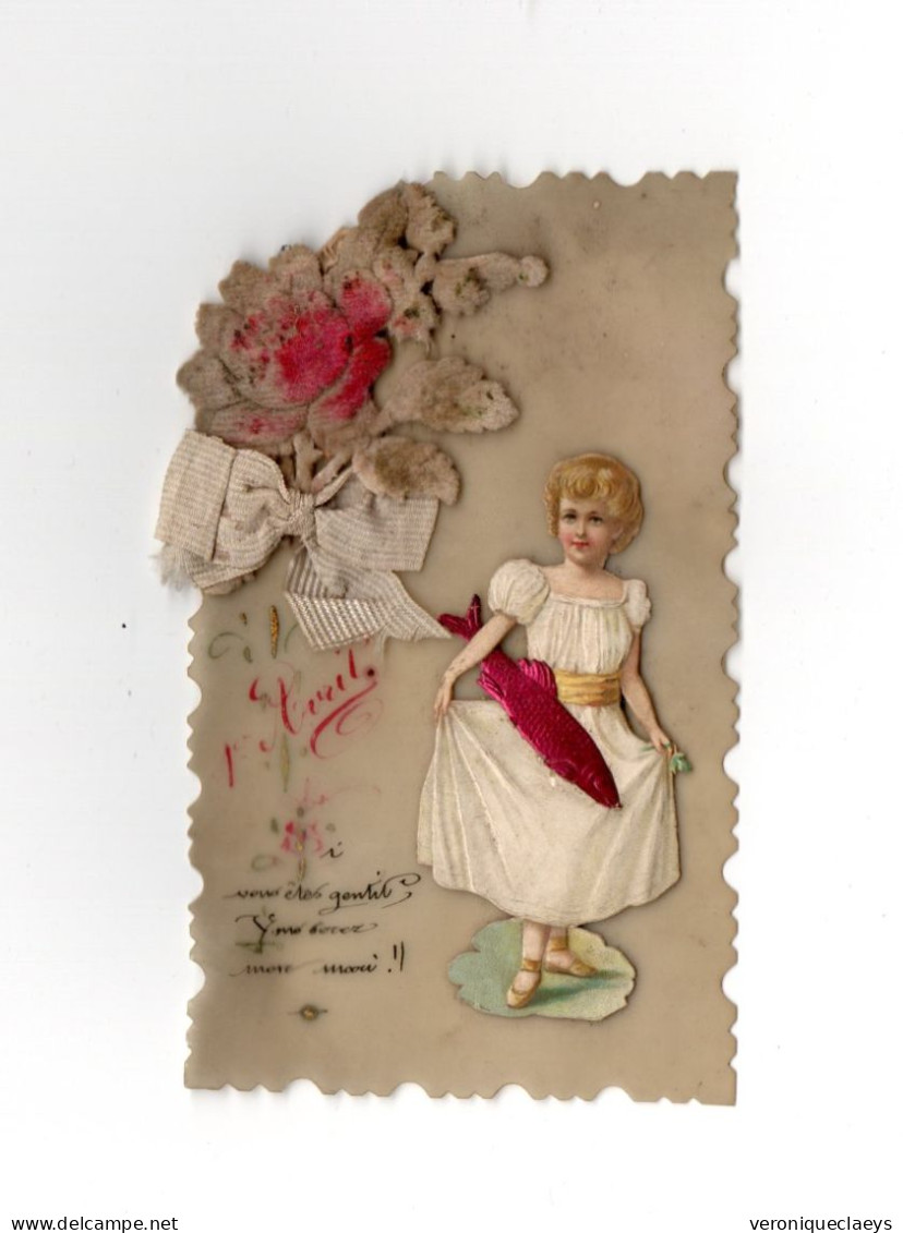 Carte Ancienne Celluloïd Jeune Fille Fleurs 1er Avril C1/6 - Blumen