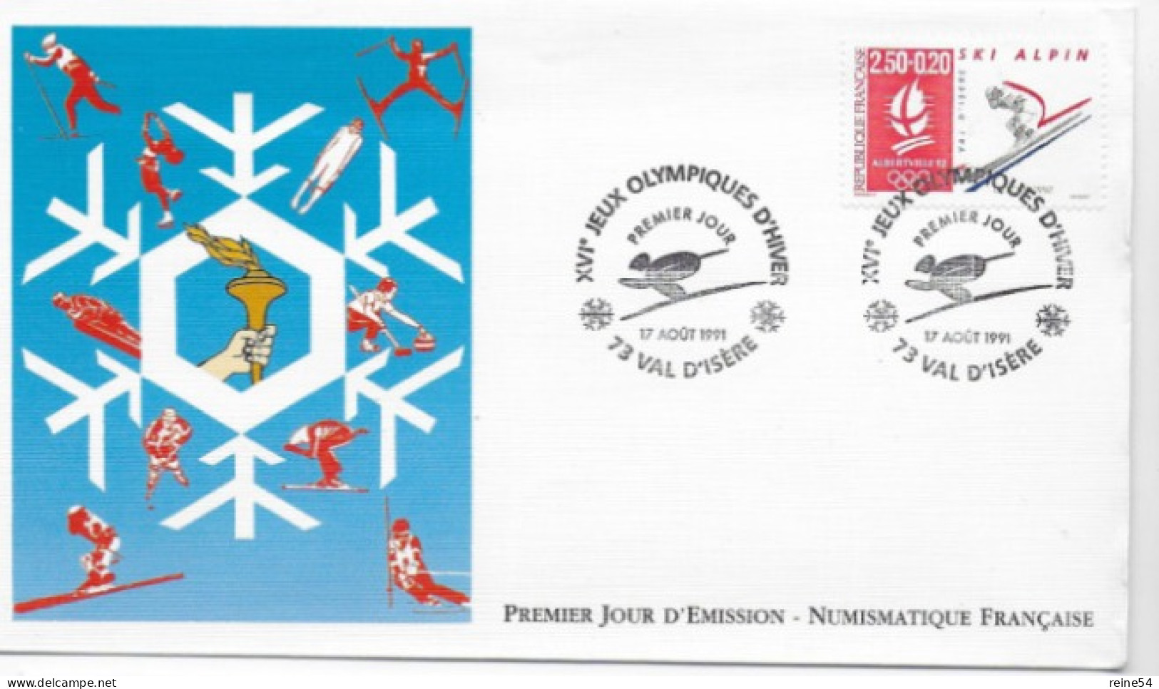 Enveloppe Premier Jour-Jeux Olympiques D'hiver17 Août1991 Val D'Isère (73) Numismatique Française Alberville 92 N°YT2710 - 1990-1999