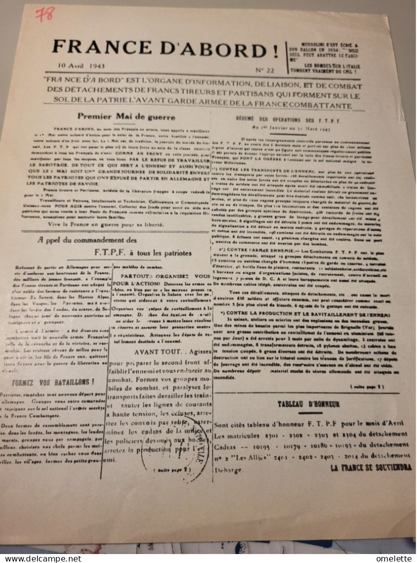 FRANCE D ABORD  1943/BULLETIN INFORMATION FRANCS TIREURS PARTISANS /FAC SIMILE - Autres & Non Classés