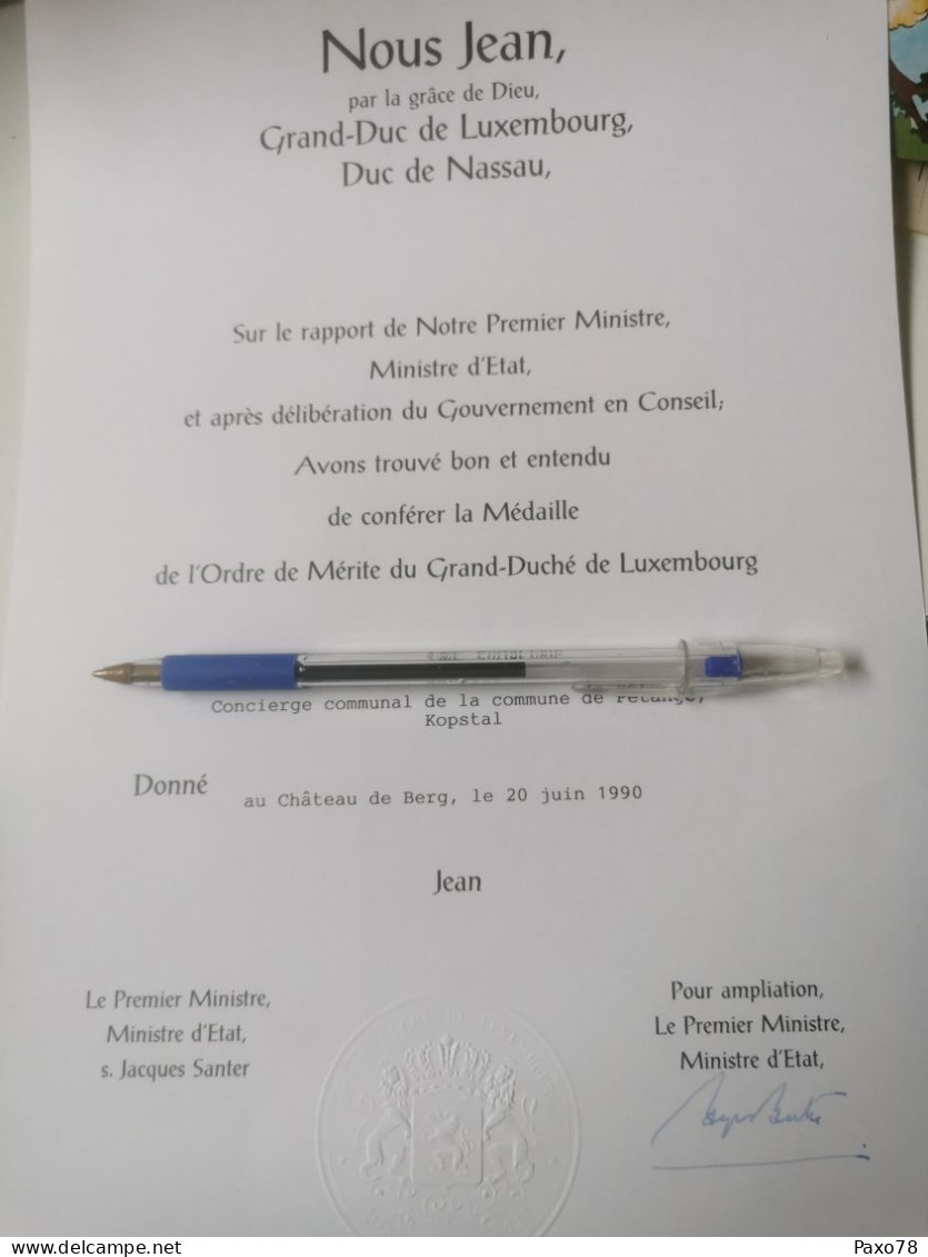 Diplôme, Ordre De Mérite Du Grand-duché De Luxembourg 1990, Kopstal - Lettres & Documents