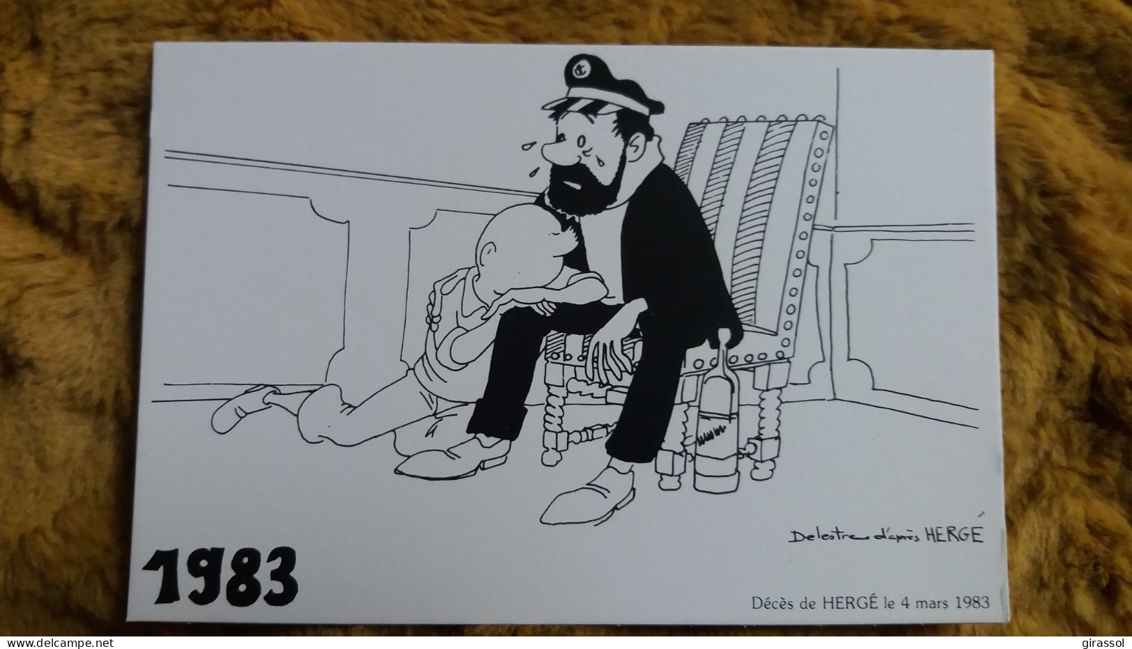 CPSM BD BANDE DESSINEE TINTIN PLEURANT SUR LA CAPITAINE HADDOCK 4 MARS 1983 DECES D HERGE DESSIN DELESTRE - Comicfiguren