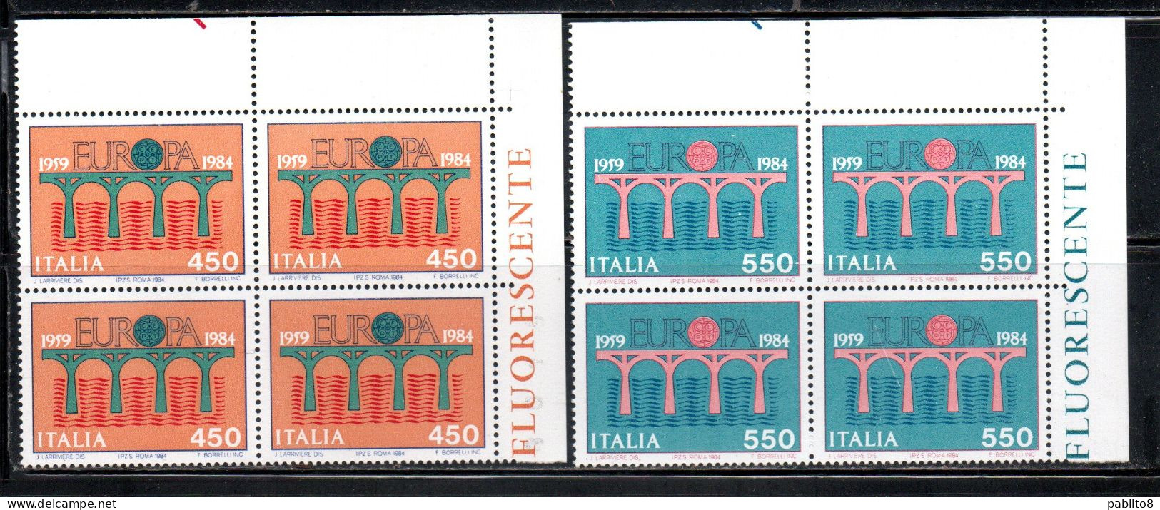 ITALIA EUROPA ITALY REPUBLIC 1984  EUROPA CEPT UNITA SERIE COMPLETA COMPLETE SET QUARTINA ANGOLO DI FOGLIO BLOCK MNH - 1981-90: Mint/hinged