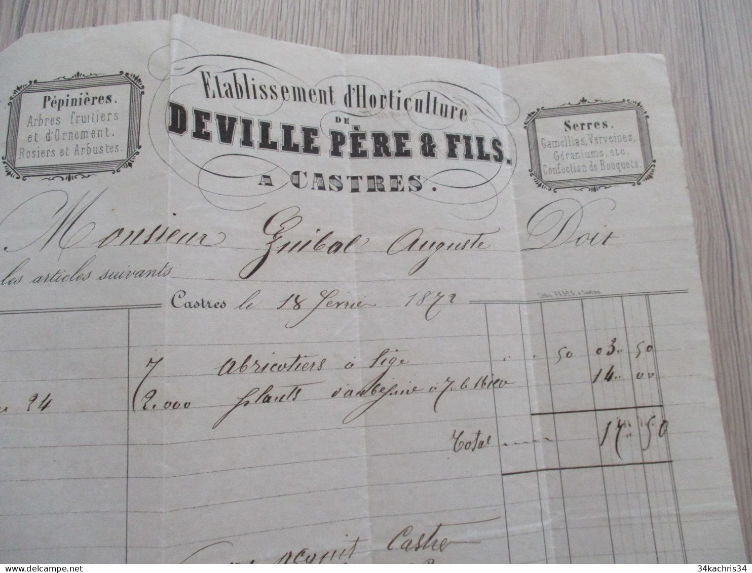 L11 Facture 1872 Castres Etablissements D'Horticulture Deville - Landbouw