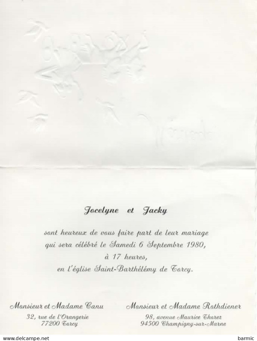 FAIRE PART DE MARIAGE, JOCELYNE ET JACKY CANU-ROTHDIENER, LE 6/9/1980, CALECHE DE MARIES, COLOMBES COULEUR  REF 15097 - Boda