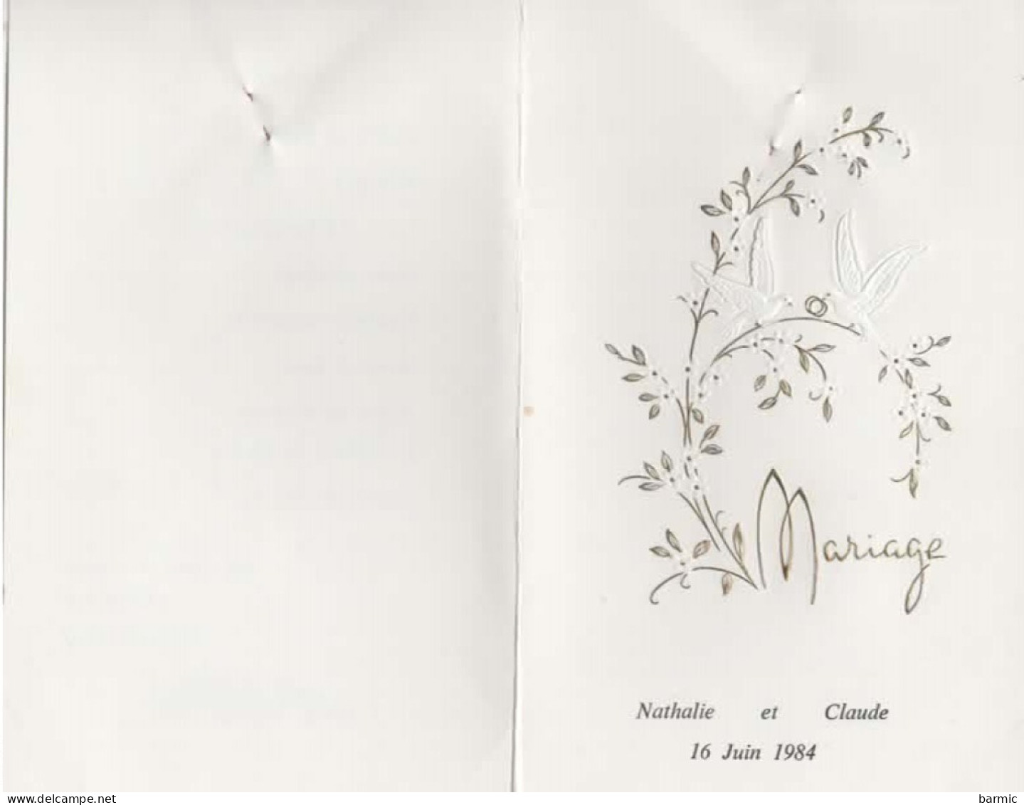 FAIRE PART DE MARIAGE, NATHALIE ET CLAUDE, LE 16/6/1984, COLOMBES ET ALLIANCES COULEUR  REF 15098 - Boda