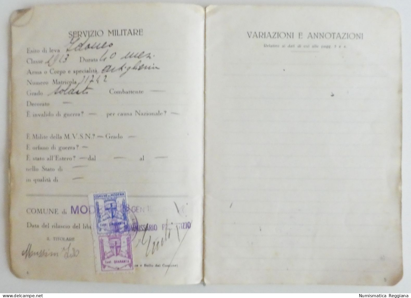 Libretto Di Lavoro - Ministero Delle Corporazioni - Modena 1940-1941 - Documents