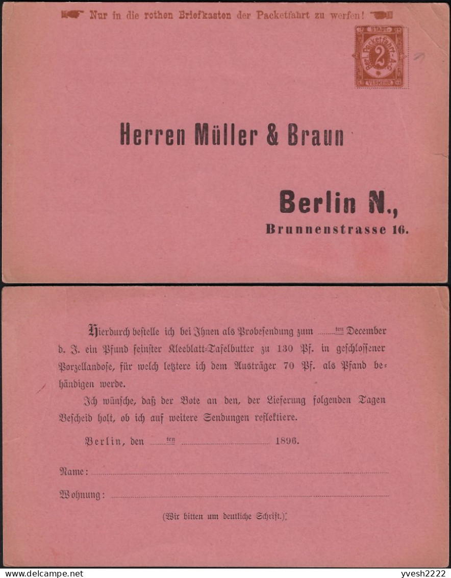 Berlin 1896. Poste Privée Berliner Packetfahrt... Entier Postal Timbré Sur Commande. Beurre De Table Feuille De Trèfle - Kühe