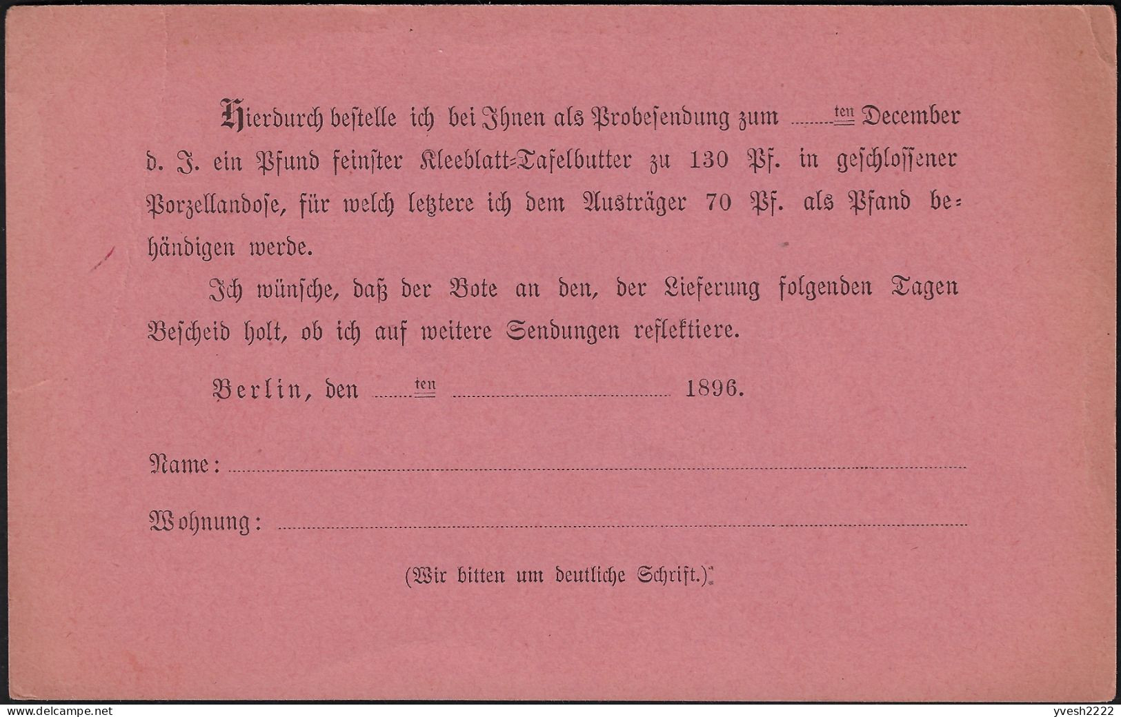 Berlin 1896. Poste Privée Berliner Packetfahrt... Entier Postal Timbré Sur Commande. Beurre De Table Feuille De Trèfle - Kühe