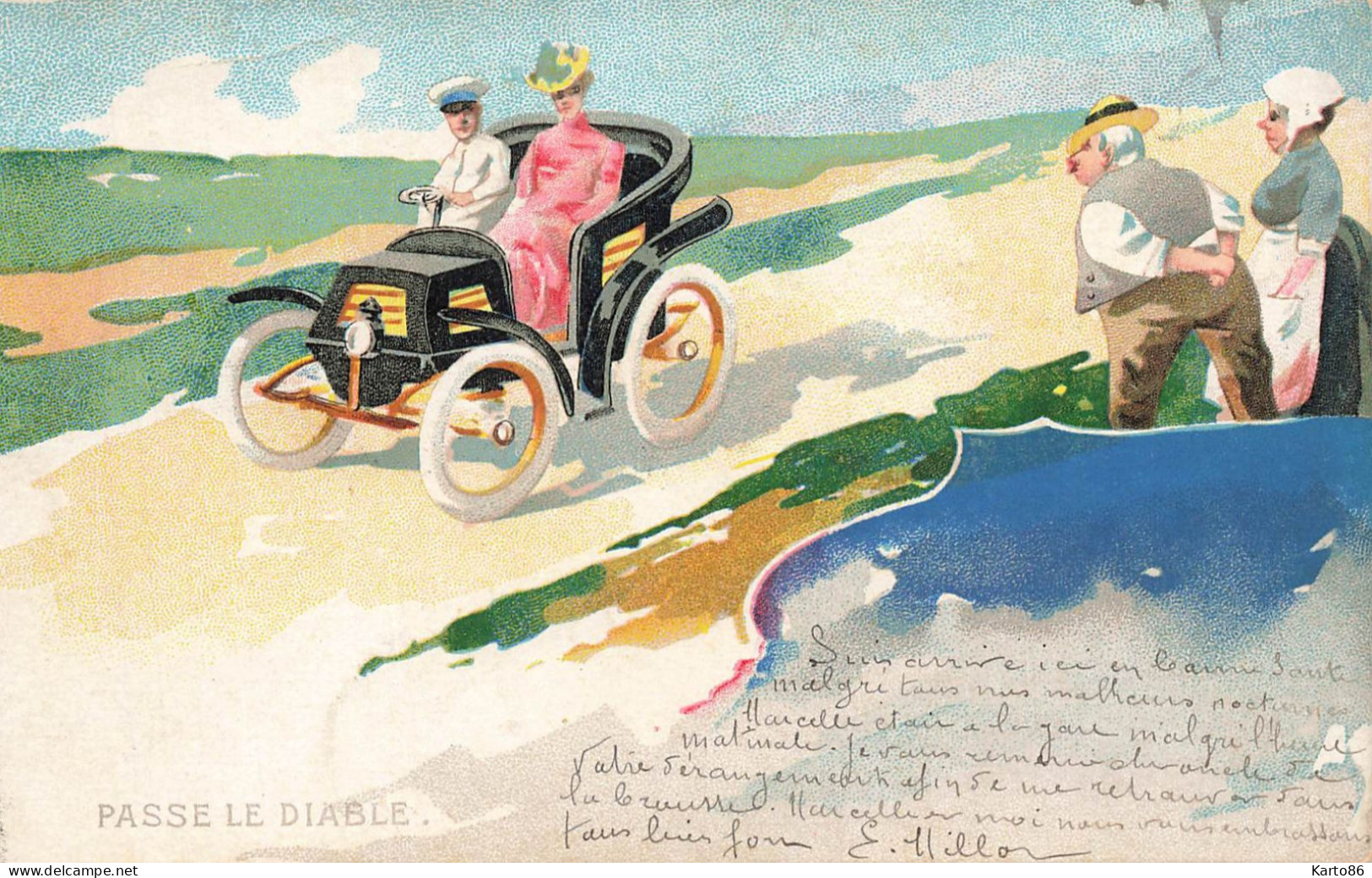 Raphael KIRCHNER ? * CPA Illustrateur Kirchner * Homme Femme Automobile * " Passe Le Diable " * Jugendstil Art Nouveau - Before 1900