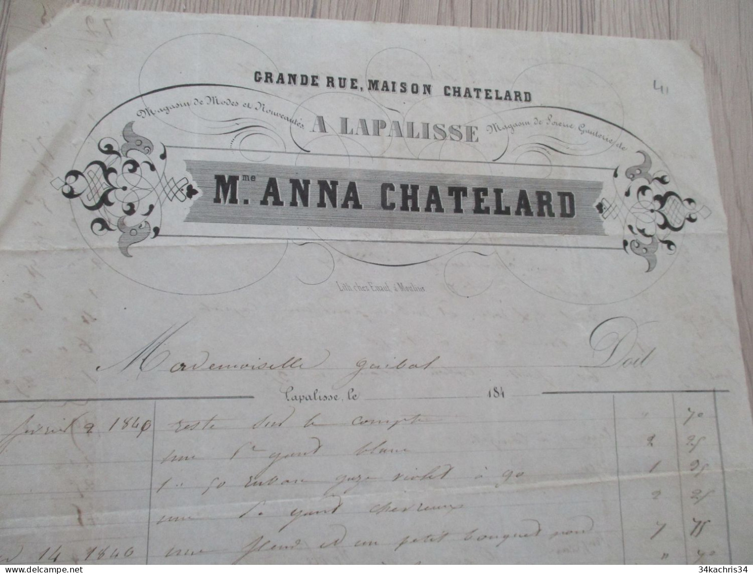 L11 Facture 1846 Lapalisse Anna Chatelard Modes Soieries - Textile & Clothing