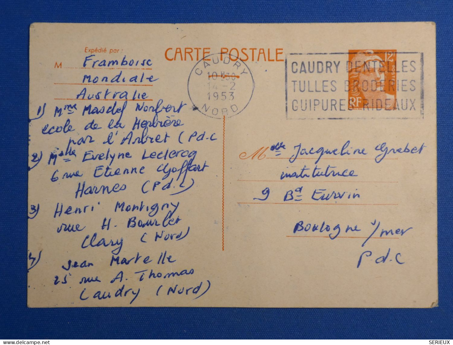 DL3 FRANCE  BELLE  CARTE ENTIER GANDON   1953 CAUDRY  A  BOULOGNE     +AFF. INTERESSANT++ - Other & Unclassified