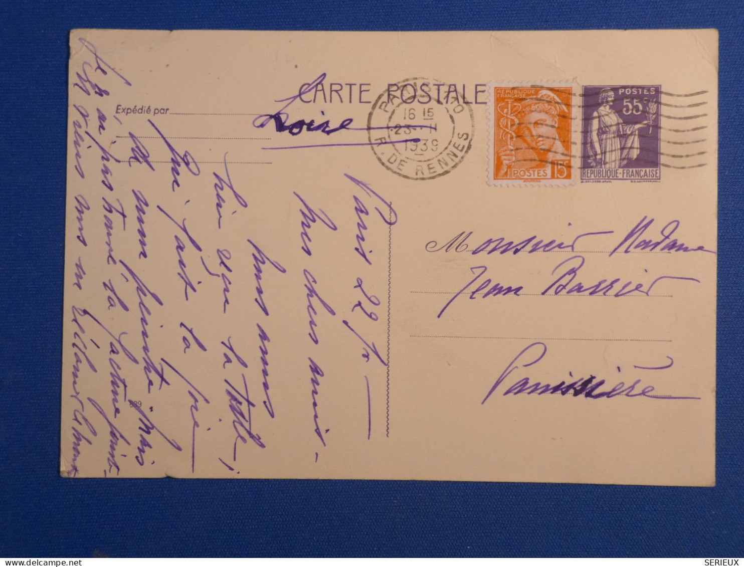 DL3 FRANCE  BELLE  LETTRE ENTIER   1939  PARIS  PAMISSIERE +AFF. INTERESSANT++ - Other & Unclassified