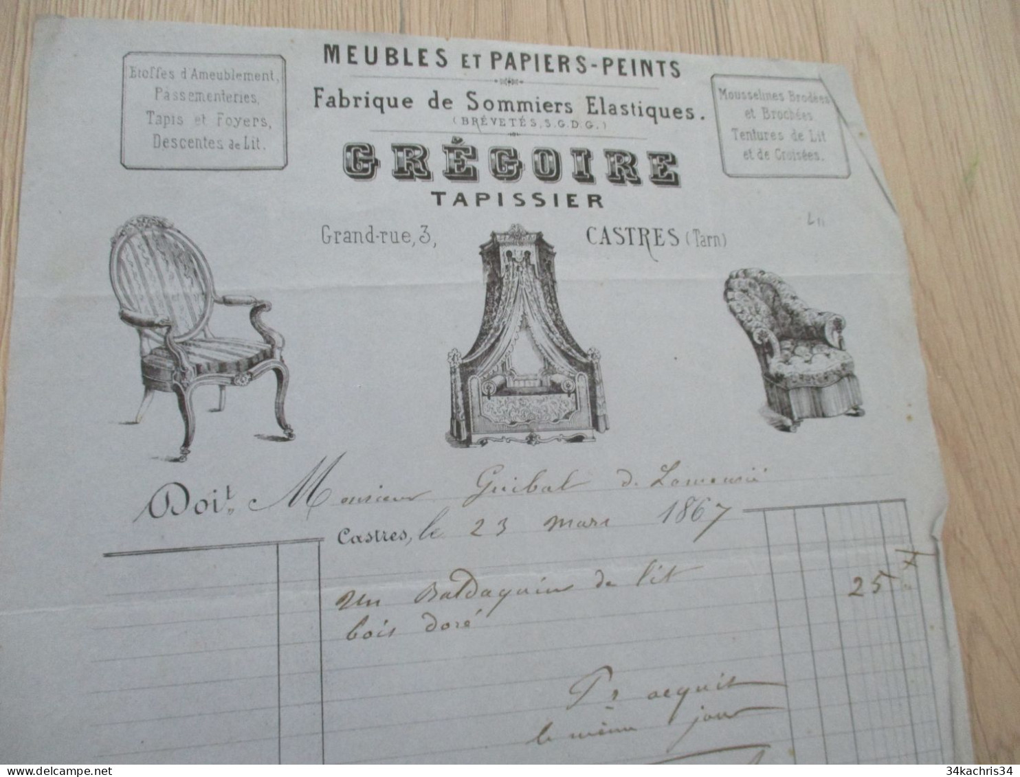 L11 Facture 1867 Castres Grégoire Tapissier Meubles Papiers Peints Sommiers En L'état - Petits Métiers