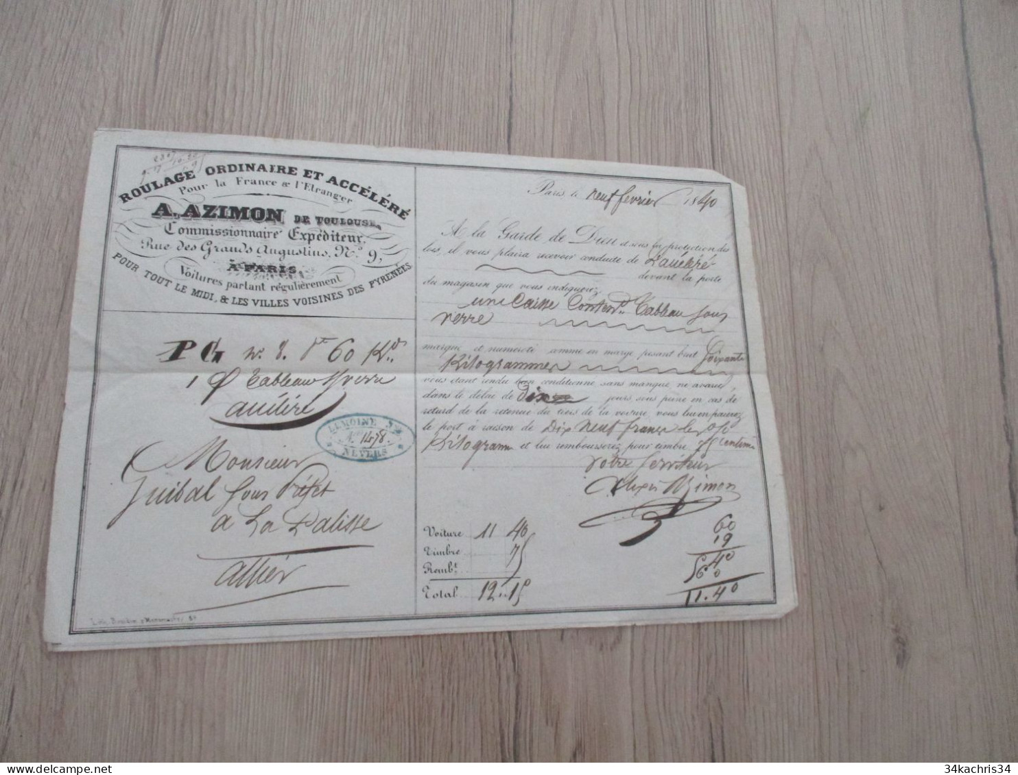 L11 Roulage Lettre De Voiture A.Azimon Paris 1840 Pour Lapalisse Tableaux Sous Verre - Transporte