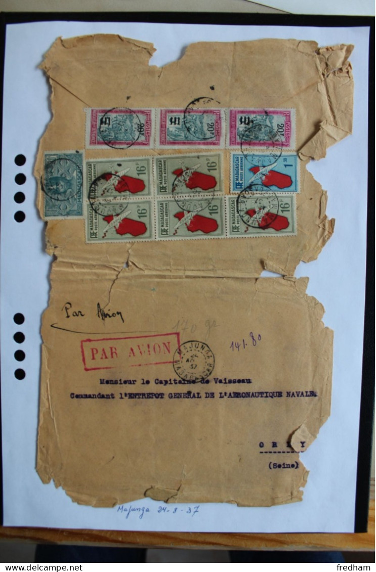 PAR AVION / LETTRE SUR SUPPORT CACHET DE MAJUNGA DU 24-8-1937 POUR ORLY AFFRNT COMPOSE Y&T MG PA 3,12x5,MG169,155x3 - Airmail