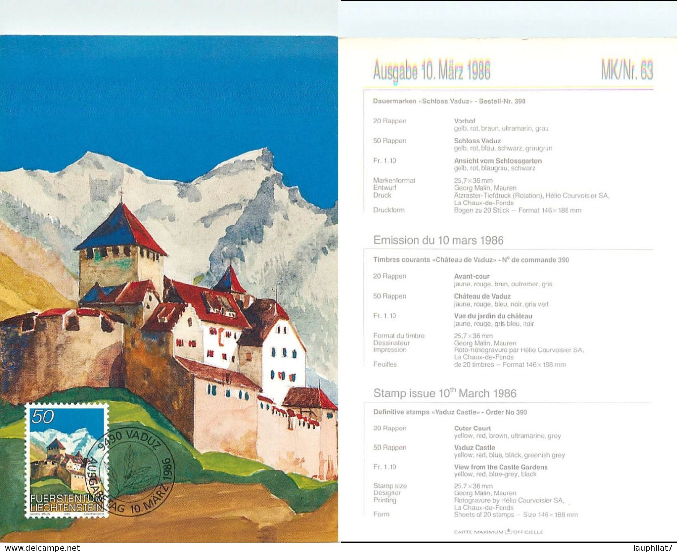 [502971]TB//**/Mnh-Liechtenstein 1986 - Vaduz, Châteaux, Peintures & Tableaux, Arts - Brieven En Documenten