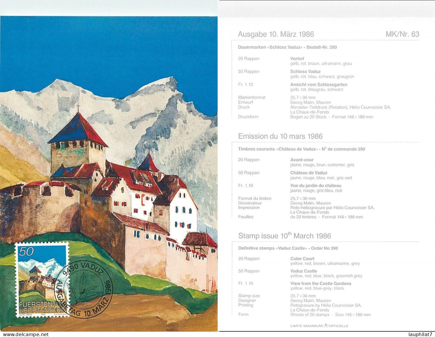 [502969]TB//**/Mnh-Liechtenstein 1986 - Vaduz, Châteaux, Peintures & Tableaux, Arts - Storia Postale