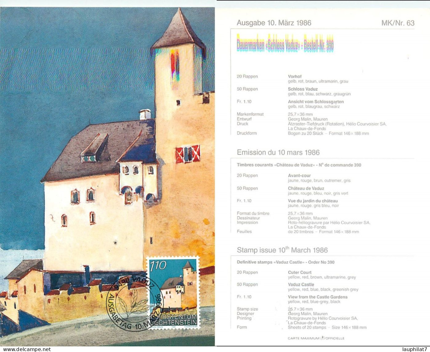 [502967]TB//**/Mnh-Liechtenstein 1986 - Vaduz, Châteaux, Peintures & Tableaux, Arts - Storia Postale