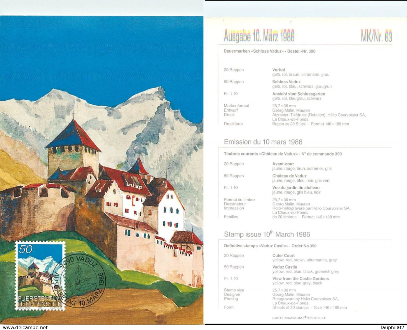[502966]TB//**/Mnh-Liechtenstein 1986 - Vaduz, Châteaux, Peintures & Tableaux, Arts - Storia Postale