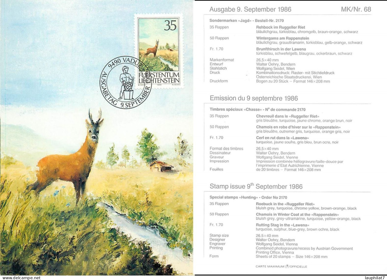 [502964]TB//**/Mnh-Liechtenstein 1986 - Vaduz, Chasse, Animaux, Peintures & Tableaux, Arts - Covers & Documents