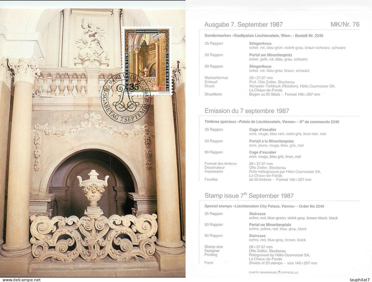 [502946]TB//**/Mnh-Liechtenstein 1987 - Vaduz, Palais Du Liechtenstein, Monument, Arts - Cartas & Documentos