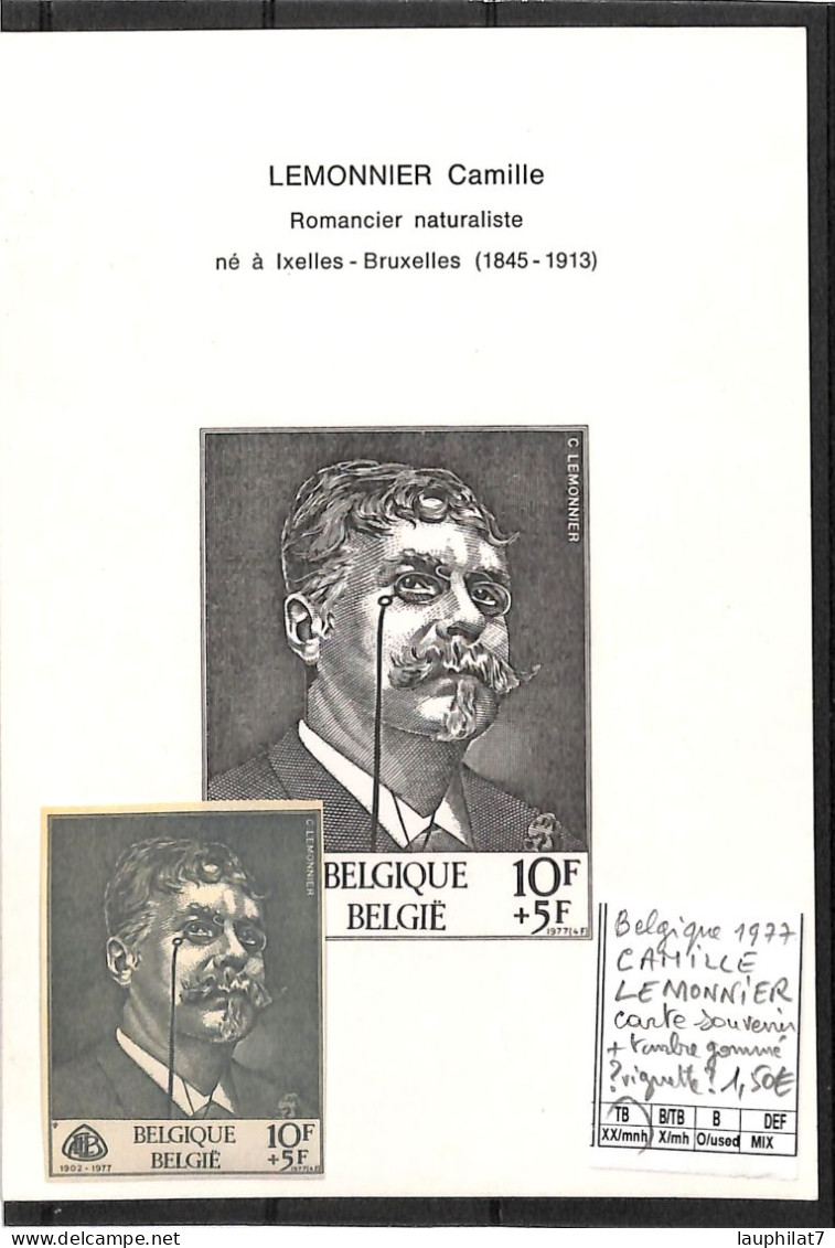 [502892]TB//**/Mnh-Belgique 1977 - Camille Lemonnier, Carte Souvenir + Timbre Gommé - Ungebraucht