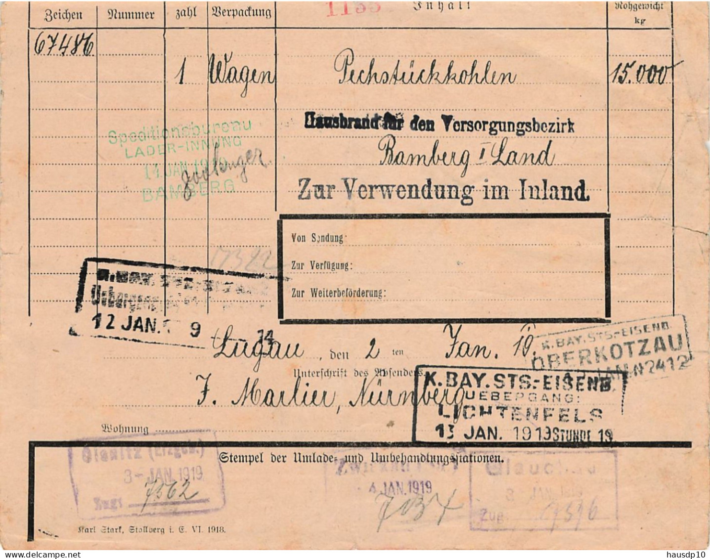 Teil Frachtbrief Bahnpost 1919 Lugau - Glauchau - Oberkotzau - Lichtenfels - Bamberg - 1900 – 1949