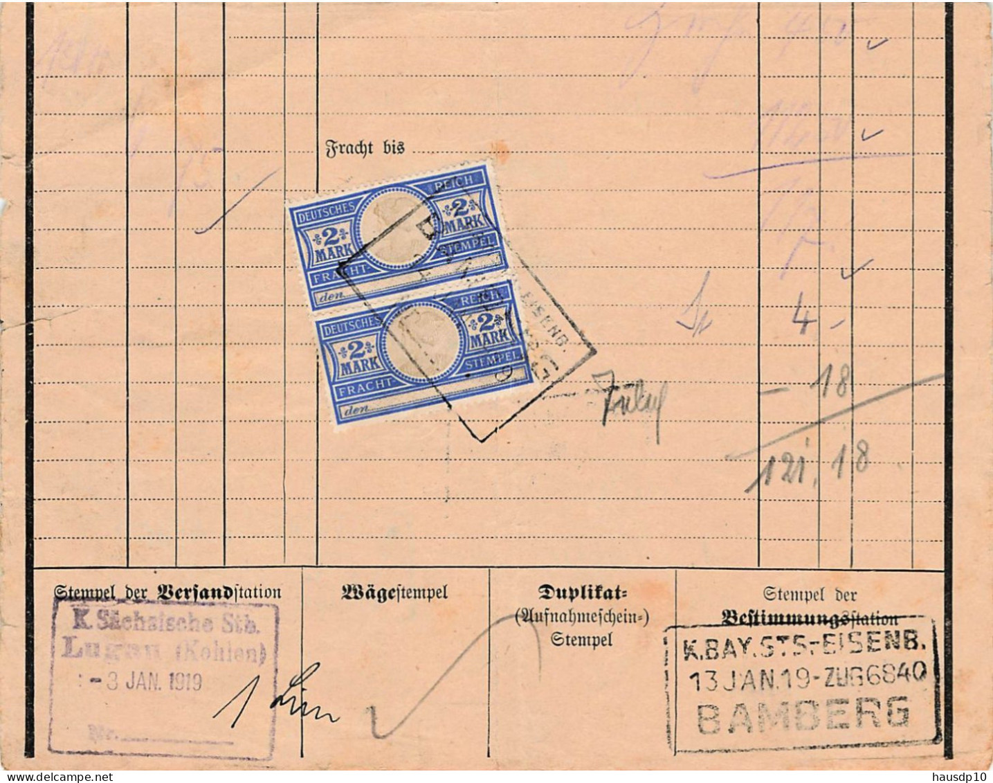 Teil Frachtbrief Bahnpost 1919 Lugau - Glauchau - Oberkotzau - Lichtenfels - Bamberg - 1900 – 1949