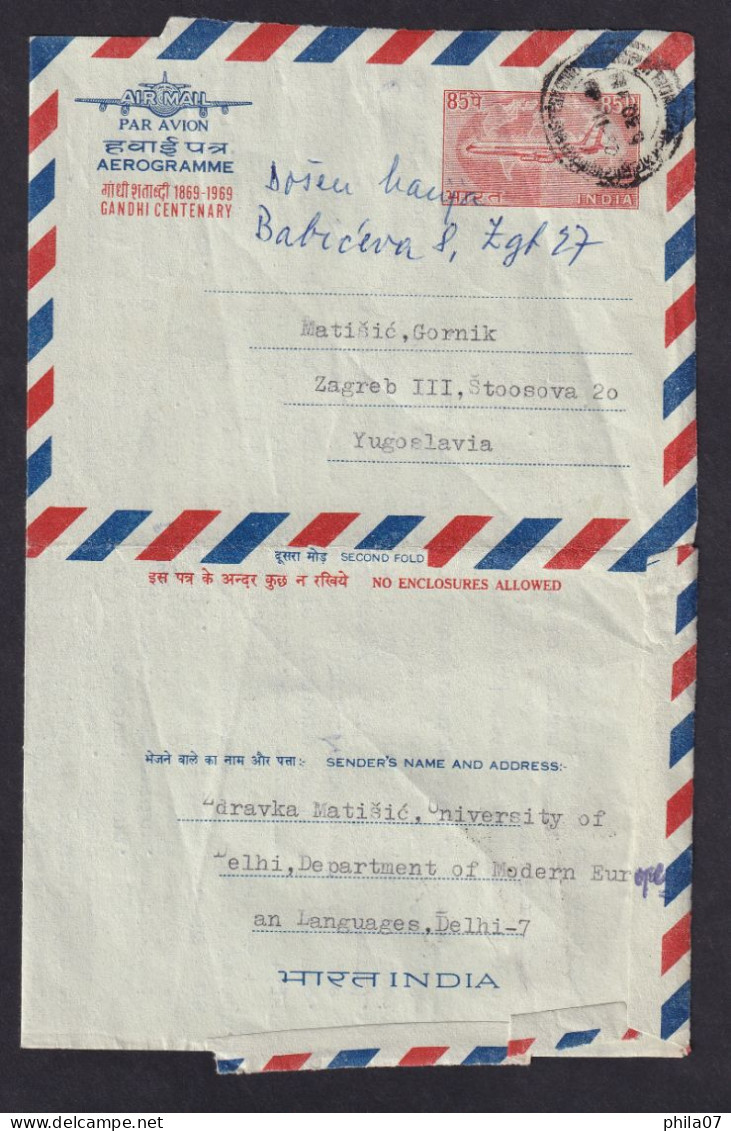 INDIA - Aerogramme - Letter Sent By Air Mail From Delhi To Zagreb 1969. Nice Illustration On Letter / 3 Scans - Other & Unclassified